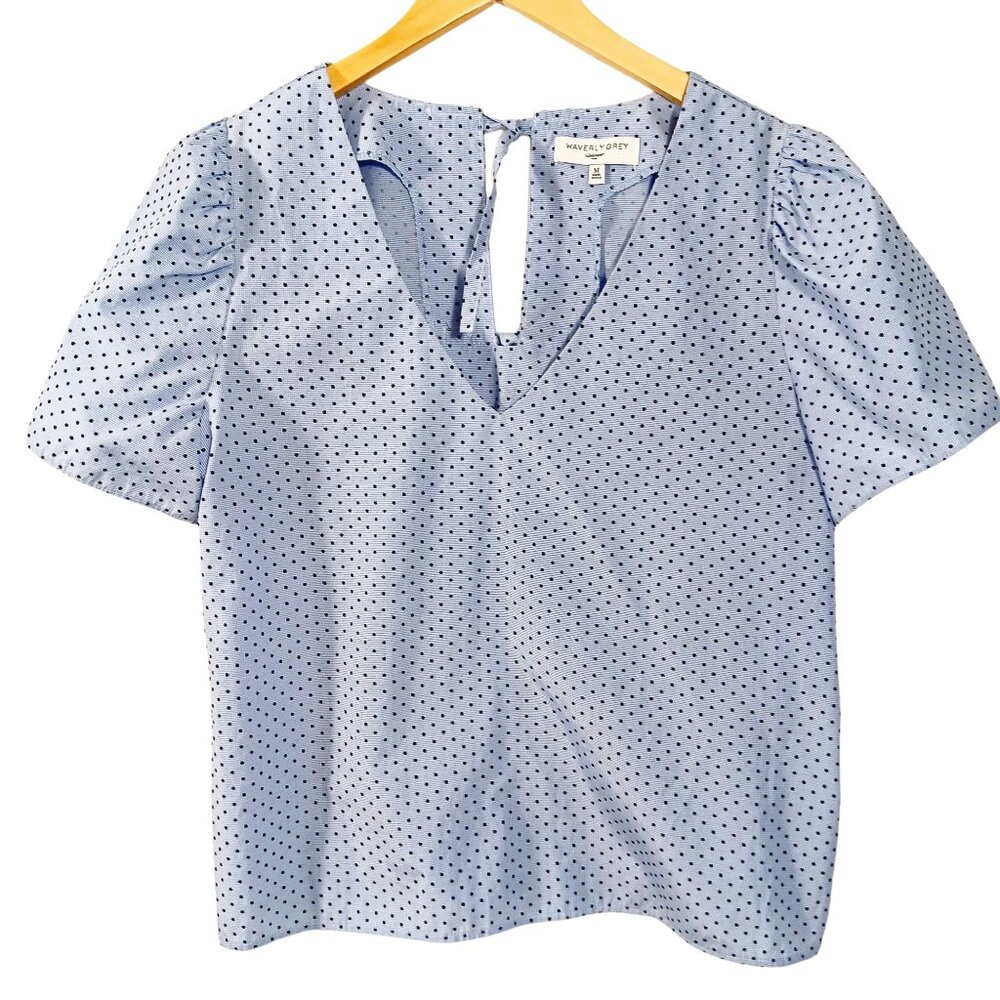 Waverly Grey Anthropologie, MED., Lt. Blue / Navy Polka Dot Top, 4 Ties on Back